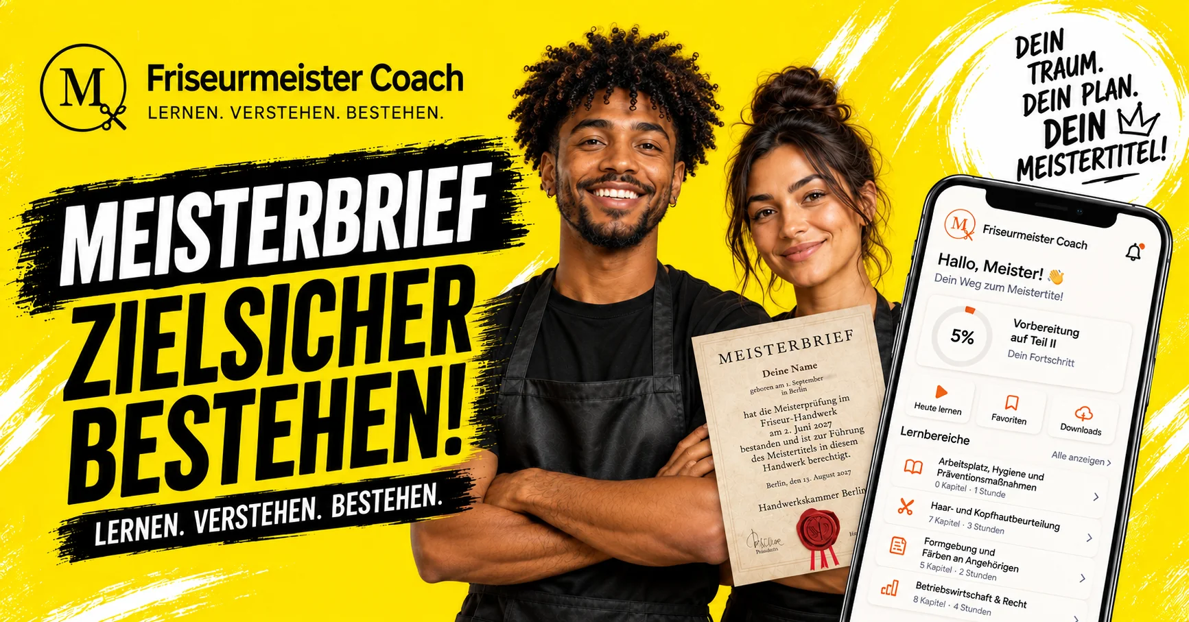 Meisterbrief zielsicher bestehen: zwei Friseure mit Friseurmeister Coach auf dem Smartphone.